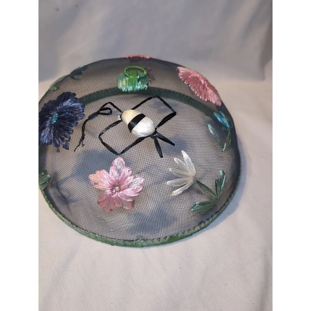 2x Vintage Food Dome Cover PICNIC Mesh Screen Floral, Bumble Bee, Palm Tree